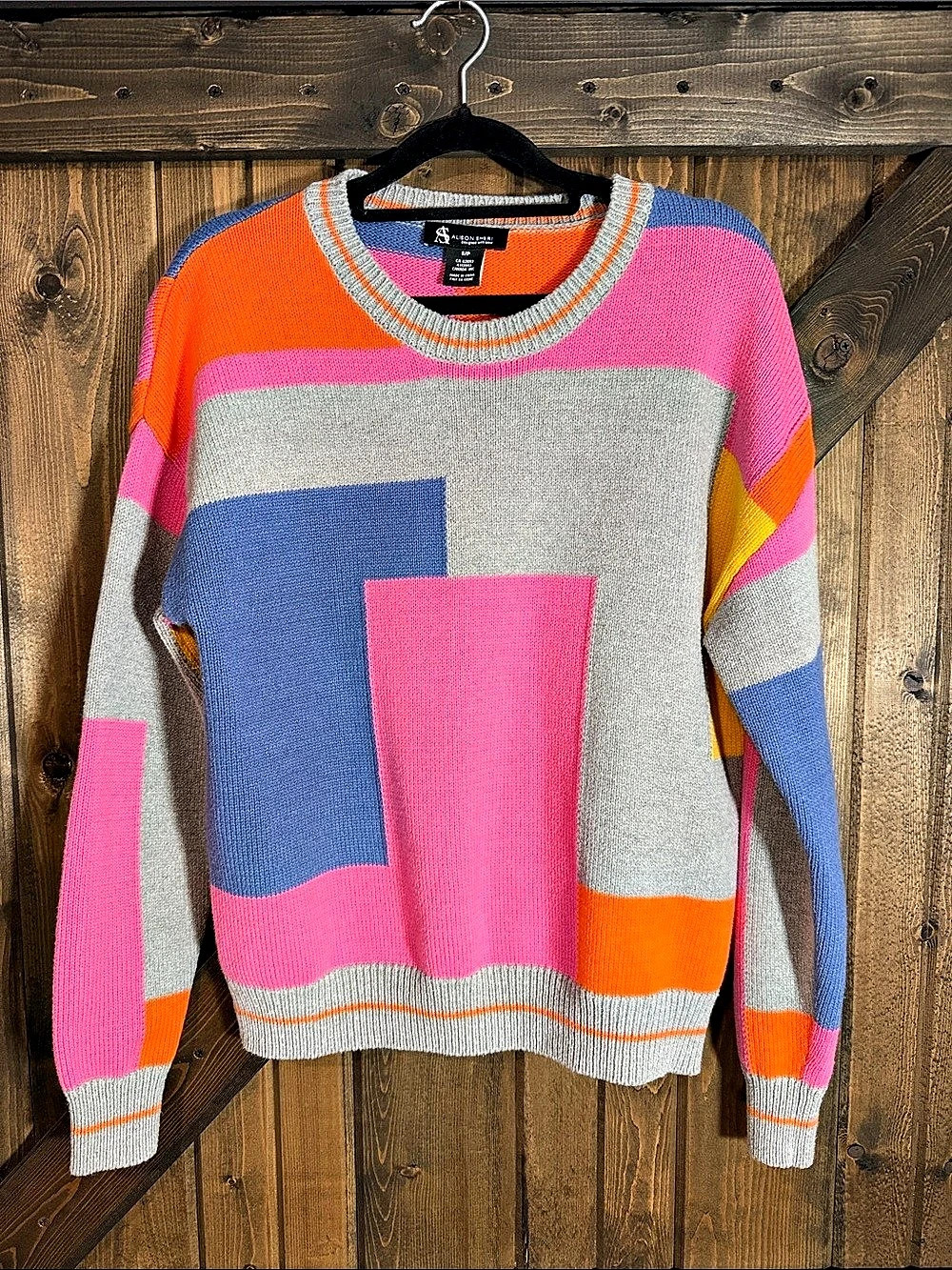 Alison Sheri Color Block Crewneck Sweater in Gray & Pink Size Small Like